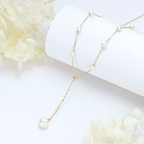 14K Real Gold Pearl Lariat Necklace for Women, Drop Y-Shaped Necklace with Pearl Prom Necklace Birthday Gifts for Wife Mom Her 16+2 inch(4mm, 9mm)