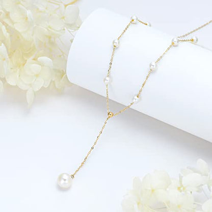 14K Real Gold Pearl Lariat Necklace for Women, Drop Y-Shaped Necklace with Pearl Prom Necklace Birthday Gifts for Wife Mom Her 16+2 inch(4mm, 9mm)