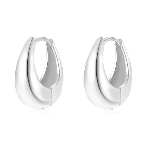 Trendy Small Chunky Hoops Teardrop Huggie Earrings for Women | 925 Sterling Silver Post, 14k Gold or Silver Plated, Hypoallergenic, Oval Thick Hoop Earrings for Women - color: Silver, size: Small