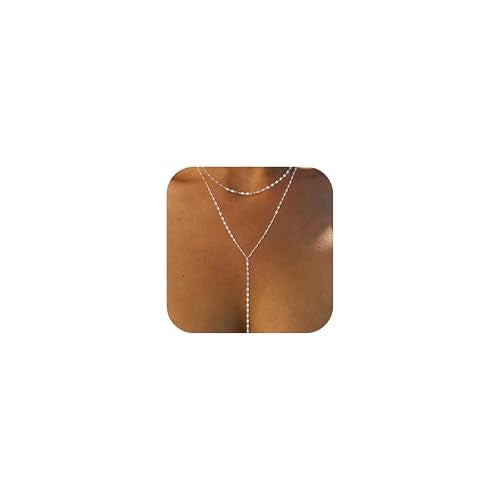 Lariat Necklace for Women, Dainty Long Necklaces, 14k Gold/Silver Plated Y-Shaped Drop Chain Necklace, Simple Layered Necklaces, Trendy Jewelry Gifts - style: Double Lip Chain-Silver