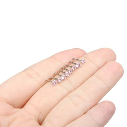 Hypoallergenic Nose Rings Studs 18G & 20G Surgical Steel Nose Studs L Shaped Nostril Piercing Jewelry with Pink Cubic Zirconia for Women & Men - color: 20g,Straight,pink crystal