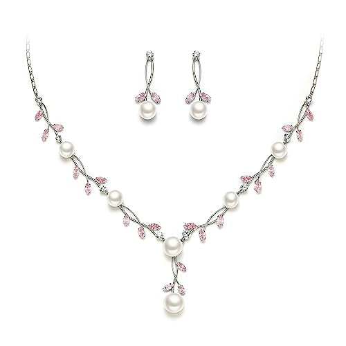EVER FAITH Cubic Zirconia Pearl Leaf Vine Wedding Jewelry Set for Bride | Crystal Filigree Bridal Necklace Earrings, for Women Bridesmaid - color: 2pcs_Pink Silver-Plated-Brass