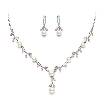 EVER FAITH Cubic Zirconia Pearl Leaf Vine Wedding Jewelry Set for Bride | Crystal Filigree Bridal Necklace Earrings, for Women Bridesmaid - color: 2pcs_Pink Silver-Plated-Brass