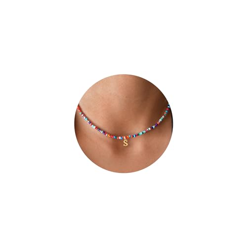 Yoosteel Colorful Beaded Initial Necklace for Girls Kids Teen Girl Gifts | Boho Initial Necklace, Cute Choker Letter Necklace for Girls Women, Kids Jewelry for Girls, Back to School Birthday Gifts - color: 18K-Gold-Plated, style: S