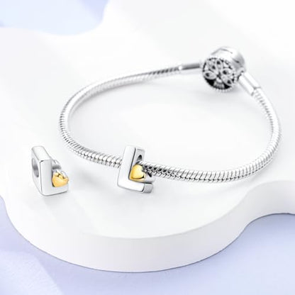 925 Sterling Silver Letter Charms A-Z for Bracelet Necklace Alphabet Bead | Heart letter A B C D G J charm initial gold Pendant beads Jewelry Gift for Women - color: Letter L