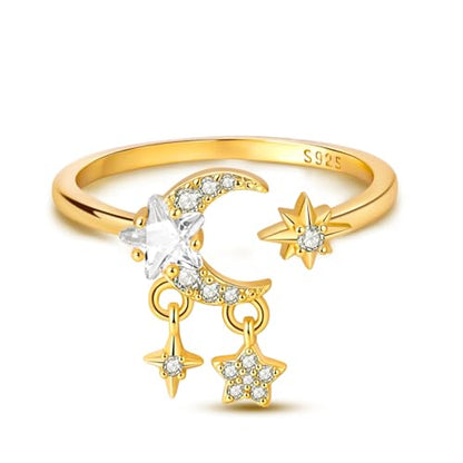 925 Sterling Silver Adjustable Rings for Women 14K Gold Plated Thumb Rings | Stackable Statement Eternity Rings Dainty Starfish Star Moon Heart Lucky Open Ring Trendy Jewelry Birthday Gifts for Ladies - color: 01Gold Star Moon Ring