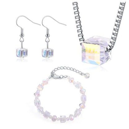 4 Pieces Fashion Colorful Starlight Crystal Rhinstone Pendant Necklace Earring Bracelet Jewelry Set for Women Lady Wedding Birthday Party