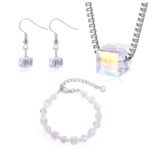 4 Pieces Fashion Colorful Starlight Crystal Rhinstone Pendant Necklace Earring Bracelet Jewelry Set for Women Lady Wedding Birthday Party