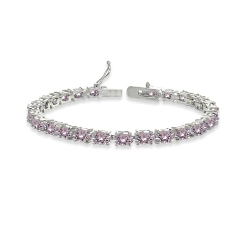 Oval Pink 925 Silver Classic Tennis Bracelet Made with European Crystals Trendy Dainty Minimalist Bracelet for Women Simple Fashion Jewelry for Petite Wrist Elegant Ladies Accessory