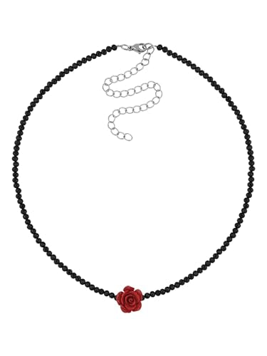 Sacina Red Rose Beaded Crystal Choker Necklace, Goth Emo Punk Grunge Necklace, Christmas Jewelry Gift