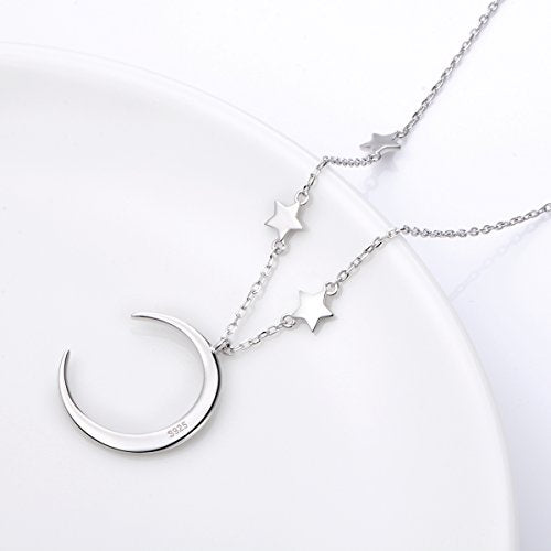 Ladytree 925 Sterling Silver Jewelry Crescent Moon and Star Pendant Necklace - style: Three Stars