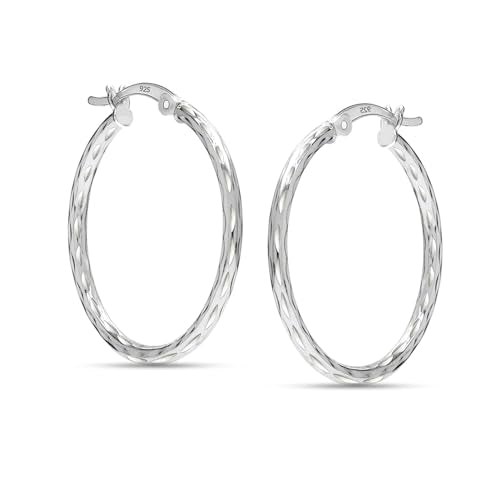 LeCalla 925 Sterling Silver Hoop Earrings for Women | Lightweight Classic Diamond-Cut Textured Hoop Earring | Women's Earring Hoops Size 20/25/30/35/40MM - color: 28MM / Tube-2mm