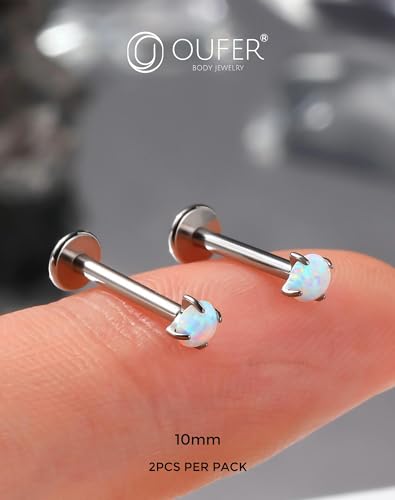 OUFER 2PCS 16G/20G Nose Lip Studs, G23 Solid Titanium Threadless Push in Nose Nostril Lip Labret Medusa Monroe Helix Cartilage Tragus Conch Lobe Piercing Jewelry for Women Men - color: Silver bar, Claw Opal, size: 2pcs, 16g 10mm, 3mm Opal