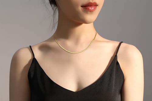 FOSIR Herringbone Necklace for Women, 14K Gold Plated/Silver/Black Choker Necklace, Dainty Surgical Stainless Steel Snake Chain for Women, 2.3mm/3mm/4mm/5mm Width - color: Gold, style: 2.3mm/14 Inch
