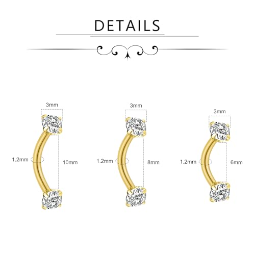 FECTAS 9PCS Curved Barbell Piercing Jewelry, 16G Surgical Steel Eyebrow Rook Rings with CZ, Arrow & Ball Ends, 6/8/10mm Lengths - color: golden