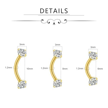 FECTAS 9PCS Curved Barbell Piercing Jewelry, 16G Surgical Steel Eyebrow Rook Rings with CZ, Arrow & Ball Ends, 6/8/10mm Lengths - color: golden