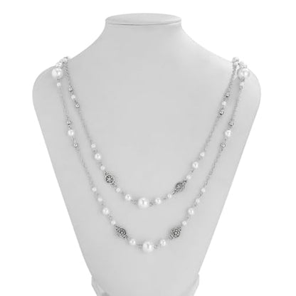 Long Chain Necklaces for Women Pearl Necklaces for Women Long Necklace Dainty Layered Pearl Necklace Statement Sweater Strand Chain Jewelry - color: Silver color