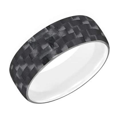 Men’s Tungsten Carbide Wedding Band – 9mm Woven Black Carbon Fiber Exterior Ring with White Tungsten Interior, Flat Low Dome Profile, Comfort Fit, Scratch Resistant & Hypoallergenic by Brilliant