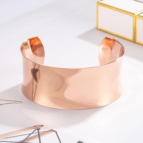 Dankadi Women 925 Sterling Silver Curved Bangle 30MM Wide Grooved Cuff Bangle Shiny Punk Open Bracelet Adjustable Plated 24k Gold/Rose Gold Jewelry Gift - color: Rose Gold