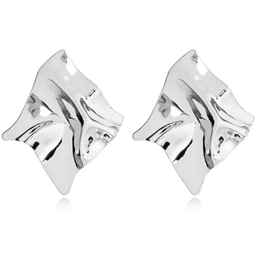 REELMAR Chunky Geometric Clip On Earrings for Women Trendy Gold-Plated Thick Hammered Rectangle Dupes Earrings Minimalist Statement Earrings No Piercing Clips - color: Chunky-Silver