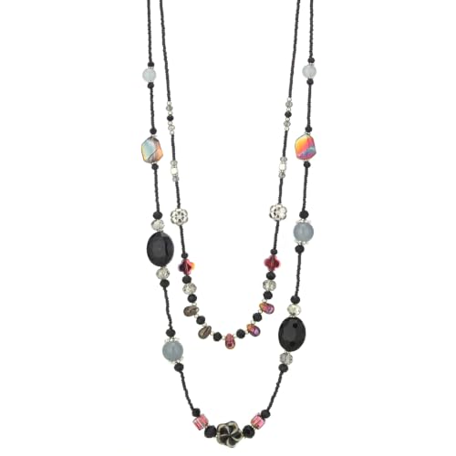 FULU AUTUMN Long Layered Beaded Necklaces for Women Statement Double Bead Strand Ceramic Flower Boho Jewelry Gifts for Mom - color: Black
