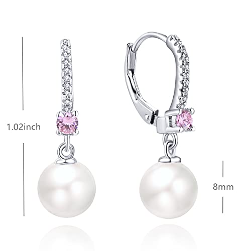 JO WISDOM 925 Sterling Silver Freshwater Pearl Hoop Earrings with Dangle Real Pearl,Simulated Pearls - color: B-8mm white pearl,Tourmaline color