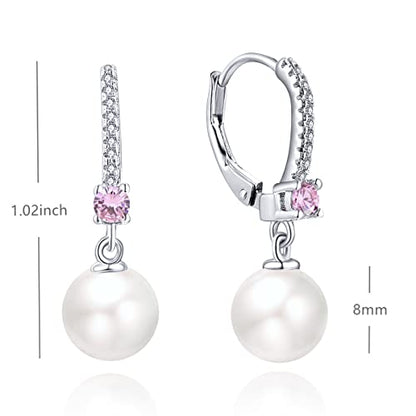 JO WISDOM 925 Sterling Silver Freshwater Pearl Hoop Earrings with Dangle Real Pearl,Simulated Pearls - color: B-8mm white pearl,Tourmaline color