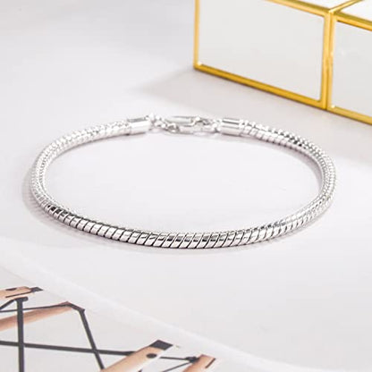 Dankadi Italy Smooth 3MM 4MM Round Snake Chain Bracelet Solid 925 Sterling Silver Men Women 6.3" 6.7" 7" 7.5" 8" 8.5" 9" 9.5" Bangle Charm Jewelry Gift - color: 3MM, size: 9 inches