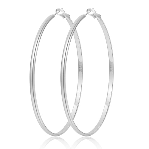 LOUMILEO 2mm Thin 925 Sterling Silver & 14k Gold Plated Hoop Earrings Large Silver Hoop Earrings Hypoallergenic Lightweight Hoops Earrings for Women 30/40/50/65MM