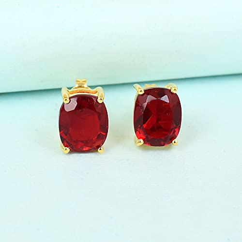 Women's 18K Gold Plated 8x10mm Princess Cut Gemstone Stud Earrings – Birthstone Jewelry for Her – Classic Cushion Studs - color: Garnet