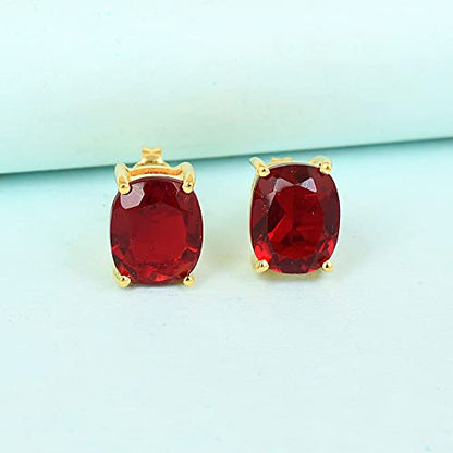Women's 18K Gold Plated 8x10mm Princess Cut Gemstone Stud Earrings – Birthstone Jewelry for Her – Classic Cushion Studs - color: Garnet