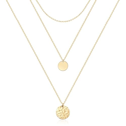 Layered Necklaces for Women - 14K Dainty Gold Plated Layering Chokers Necklaces Set Multilayer Delicate Necklace Trendy Adjustable Long Layered Necklaces for Women - style: 02 Gold-Plated Disc Necklace