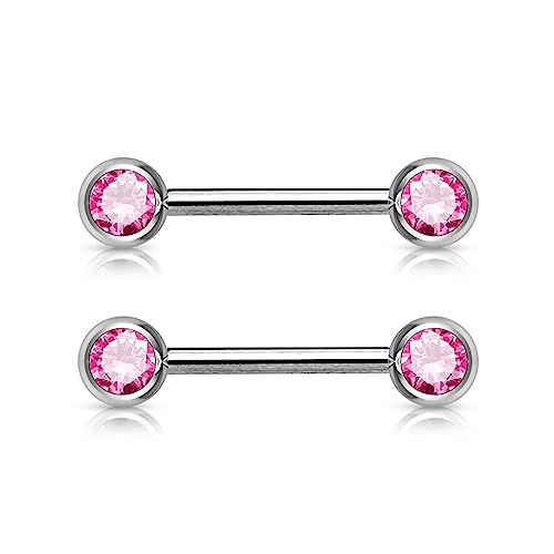 Forbidden Body Jewelry 14g Nipple Ring Barbells Set of 2, Pair of CZ 16mm (5/8 Inch) Barbells with 6mm Balls - color: Pink