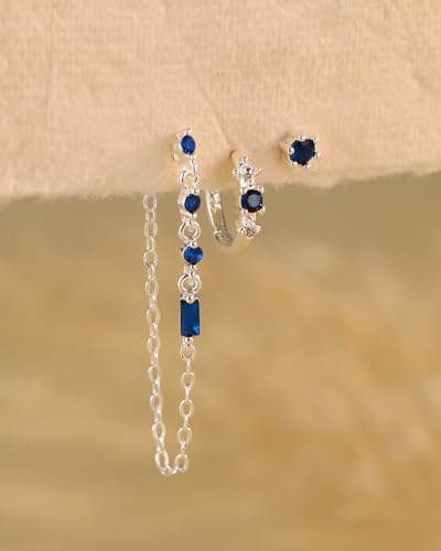 3 Pairs Earring Stacks, Gold Earring Set Jewelry Gift for Women | Small, 14K Gold/White Gold/Black/Rose Gold Plated, Hypoallergenic, Her, Everday, Stackable, Simple, 3 Holes - color: Silver-Blue Chain