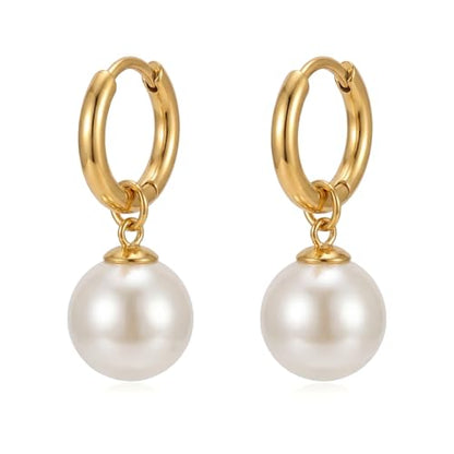 Hypoallergenic Pearl Earrings Set for Women | S925 Sterling Silver & Stainless Steel, Daisy Heart & Hook & Teardrop Dangle & Huggie Hoop, Simulated Pearl, Sensitive Ears - color: Yellow Gold Round Pearl