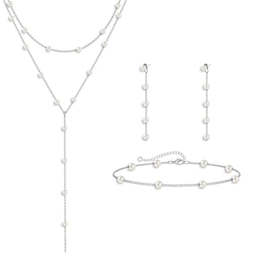 HAXIYA Lariat Long Silver Pearl Necklace Jewelry Set Bracelet Earrings | Sterling Silver Pearl Y Shaped Necklace and Earring Set with Bracelets Chain Simple Jewelry Wedding