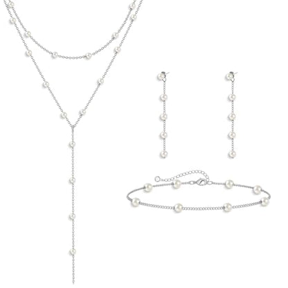 HAXIYA Lariat Long Silver Pearl Necklace Jewelry Set Bracelet Earrings | Sterling Silver Pearl Y Shaped Necklace and Earring Set with Bracelets Chain Simple Jewelry Wedding