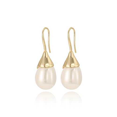 Unique Cream White Pearl Teardrop Drop Dangle Earrings for Women,Trendy Geometric Dangle Formal Hook Earrings for Wedding Prom - color: Gold-Cream Pearl
