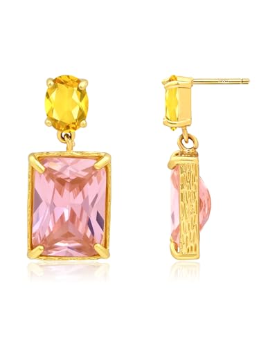 14K Gold Plated Pink Crystal Stud Square Stone Drop Dangle Geometric Earrings for Women Vacation Jewelry - color: Pink and Yellow