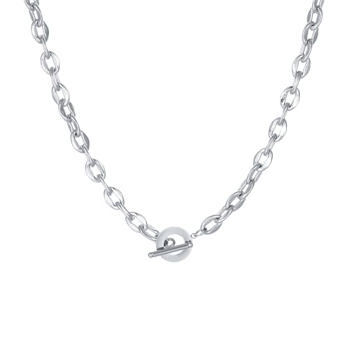 18K Gold Plated Chunky Chain Necklace for Women Dainty Cuban Paperclip Chain Toggle Bar Clasp Necklace Thick Trendy Layering Gold Chain Link Stainless Steel Jewelry - style: Toggle-White Gold