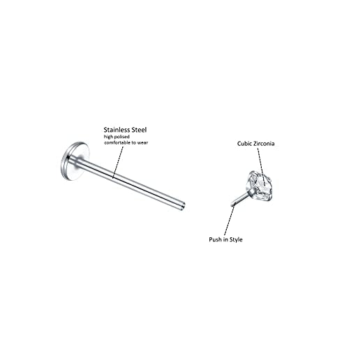 Oveta Threadless Push in Lip Rings 16G/18G/20G Labret Jewelry CZ Lip Studs Stainless Steel Cartilage Earrings for Women Monroe Medusa Piercing Jewelry 6/7/8/10/12mm Bar Length - color: Silver, size: 18G*10mm bar*1.5/2/2.5/3mm cz