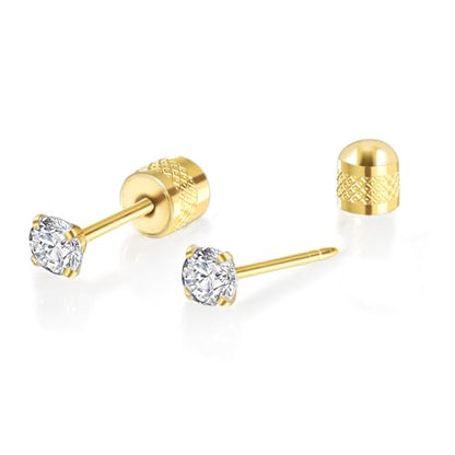 Titanium Earrings Push-in Threadless Flat Back Stud Earrings for Women Men, Cartilage Earring Hypoallergenic Cubic Zirconia Earrings Studs for Helix Tragus Piercing Jewelry - color: Gold-5mm