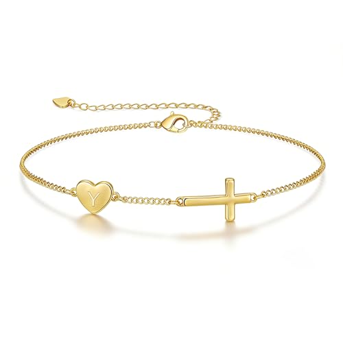 Lunvky 14k Gold Plated Initial Cross Bracelets for Women, Silver Dainty Cute Heart Name Letter Bracelet for Teen Trendy Stuff Confirmation Religious Christian Jewelry Birthday Jesus Gifts - color: Gold, size: Initial-Y