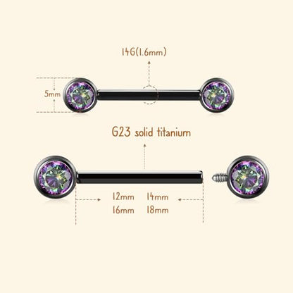 AROWRO Nipple Piercing Jewelry Nipple Rings Titanium Nipple Rings Implant Grade Hypoallergenic 14G Internally Threaded Straight Barbells with Cubic Zirconia Opal Gold Silver Rose Gold Black 12mm 14mm 16mm 18mm 20mm - color: Black+Vitrail Medium CZ