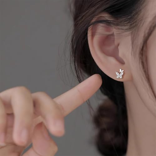 Silver Double Butterfly Crystal Stud Earrings, Dainty Shining Birthstone Birthday Gift Tiny Earrings, Sparkling Zircon Jewelry