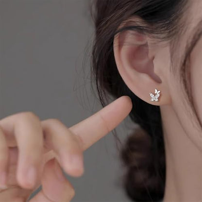Silver Double Butterfly Crystal Stud Earrings, Dainty Shining Birthstone Birthday Gift Tiny Earrings, Sparkling Zircon Jewelry
