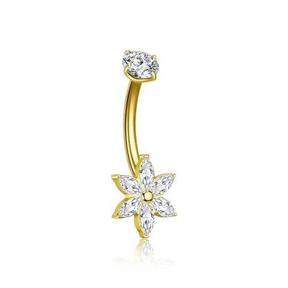 XUU Titanium Belly Button Rings 14G, Implant-Grade Navel Piercing, Luxury CZ Shape with Flower Butterfly, Hypoallergenic Curved Barbell Jewelry for Women, Gold or Silver - style: Flower-Gold