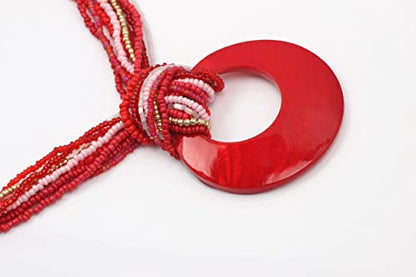 Coiris Multi Strand Statement Colorful Beaded Necklace with Big Circle Shell Pendant for Women - color: Red