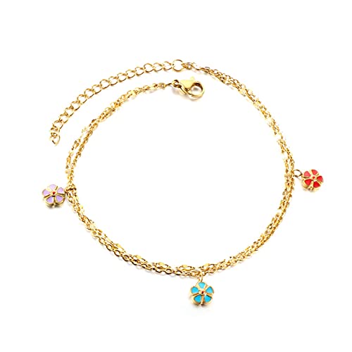 Anklet Bracelets for Women Stainless Steel, Gold Anklets Bracelet for Womens Double Layer Chain with Flower/Ladybug/Dragonfly Anklet for Summer Beach - color: Flower