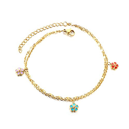 Anklet Bracelets for Women Stainless Steel, Gold Anklets Bracelet for Womens Double Layer Chain with Flower/Ladybug/Dragonfly Anklet for Summer Beach - color: Flower